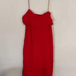 Robbie Bee Red Ruffle Silk Midi Dress